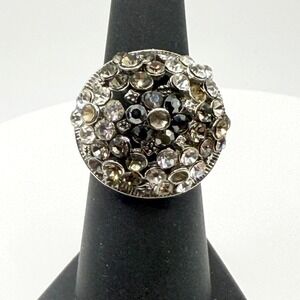 Silver Tone Dome Cocktail Ring Black Gray‎ Clear Stones Size 5.75